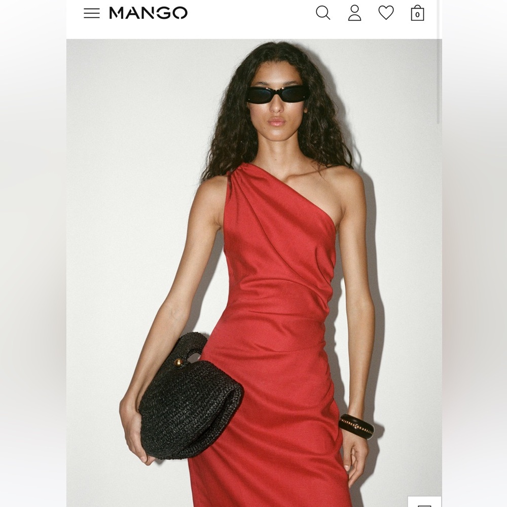 MANGO Elegant Red One-Shoulder Linen Dress
